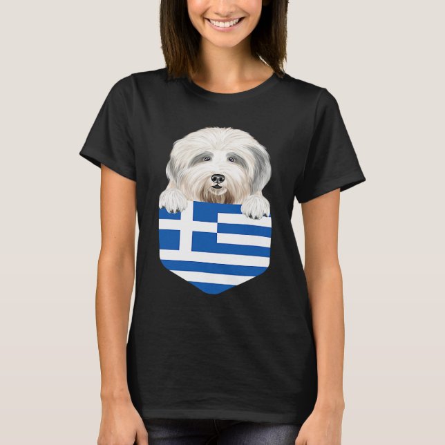Greece Flag Old English Sheepdog Dog In Pocket T Shirt (Framsida)