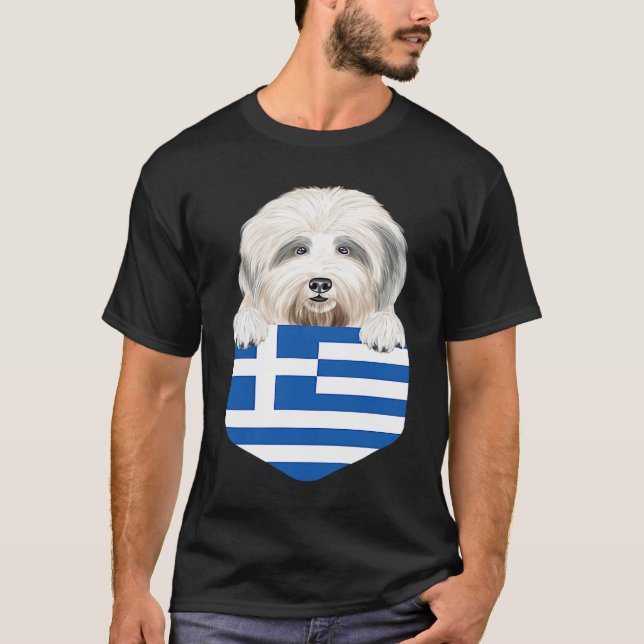 Greece Flag Old English Sheepdog Dog In Pocket T Shirt (Framsida)