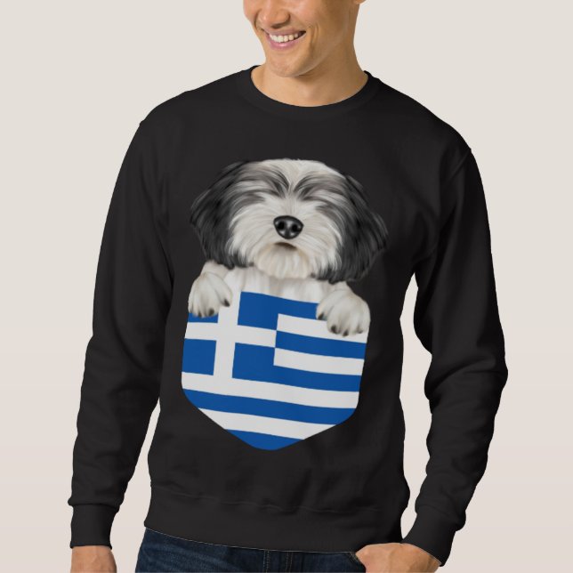 Greece Flag Polish Lowland Sheepdog Dog In Pocket Lång Ärmad Tröja (Framsida)