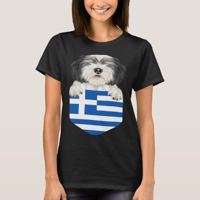 Greece Flag Polish Lowland Sheepdog Dog In Pocket T Shirt (Framsida)