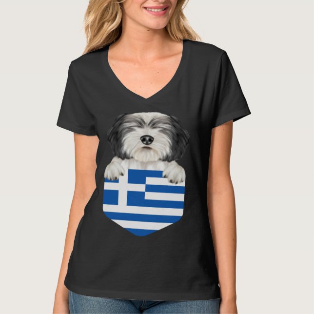 Greece Flag Polish Lowland Sheepdog Dog In Pocket T Shirt (Framsida)