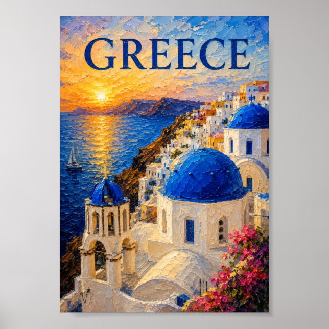 Greece: Radiant Sunset Santorini Art Souvenir Poster (Framsidan)