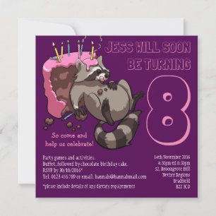 Greedy Raccoon Födelsedagsfest Cake Tecknad Inbjudningar