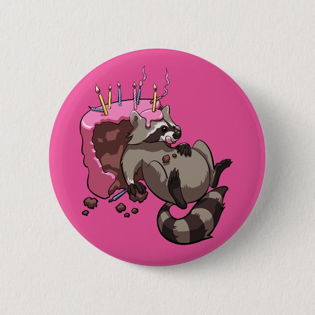 Greedy Raccoon Fullt of Birthday Cake Tecknad Knapp (Framsida)