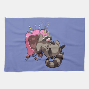 Greedy Raccoon Fullt of Birthday Cake Tecknad Kökshandduk