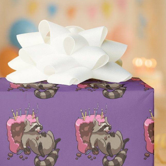 Greedy Raccoon Fullt of Birthday Cake Tecknad Presentpapper (Skapare uppladdad)