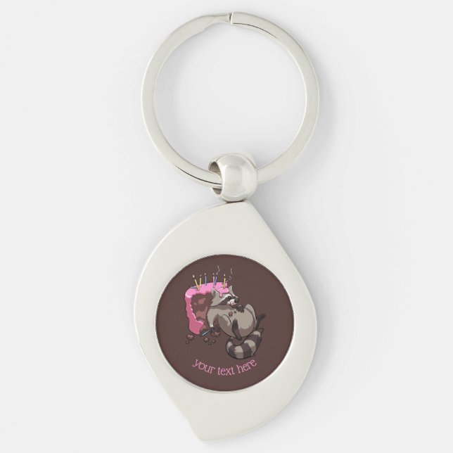 Greedy Raccoon Fullt of Birthday Cake Tecknad Swirl Silverfärgad Nyckelring (Framsidan)