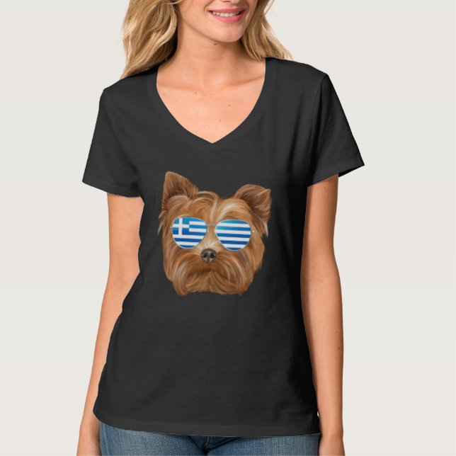 Greek Flag Yorkshire Terrier Dog Greece Pocket T Shirt (Framsida)