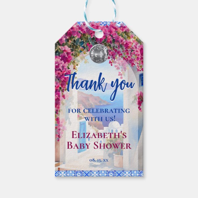 Greek Italian Blue Tiles Pink Flowers Disco Ball Presentetikett (Framsidan)