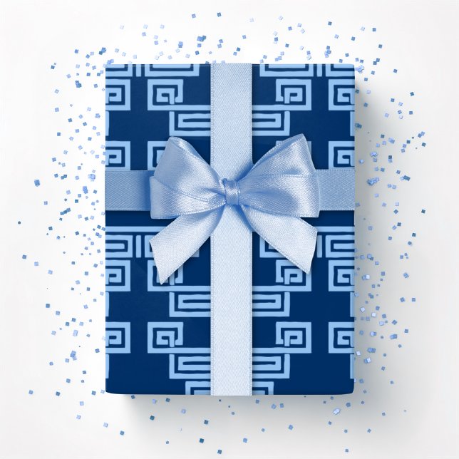 Greek Key Meander Tier in Blue Indigo Presentpapper (Skapare uppladdad)