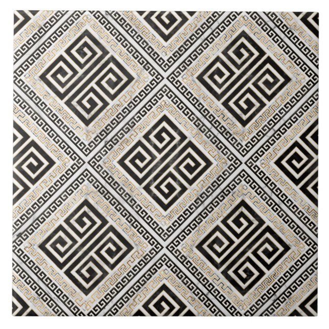 Greek Meander - Greek Key Black and White Marble Kakelplatta (Framsidan)