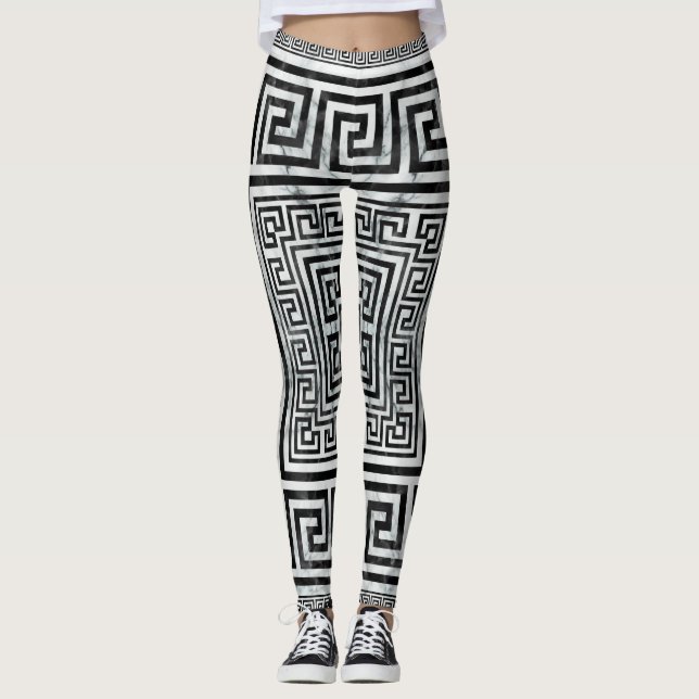Greek Meander - Greek Key Black and White Marble Leggings (Framsida)