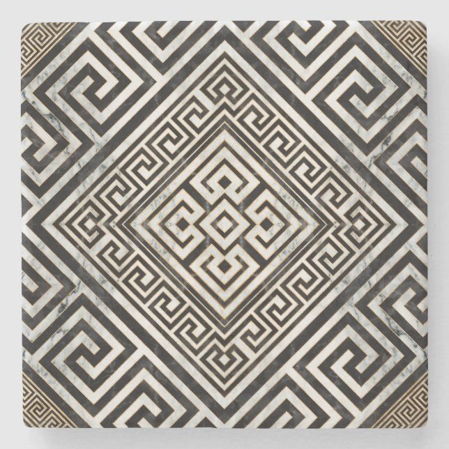 Greek Meander - Greek Key Black and White Marble Stenunderlägg (Framsidan)