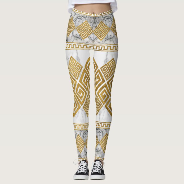 Greek Meander - Greek Key White Marble and Gold Leggings (Framsida)