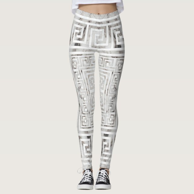 Greek Meander - Greek Key White Marble textures Leggings (Framsida)