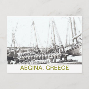 GREEK POSTCARD~MAN, BOAT OCH VAS PÅ AEGINA VYKORT