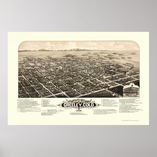 Greeley, CO Panoramic Karta - 1882 Poster (Framsidan)