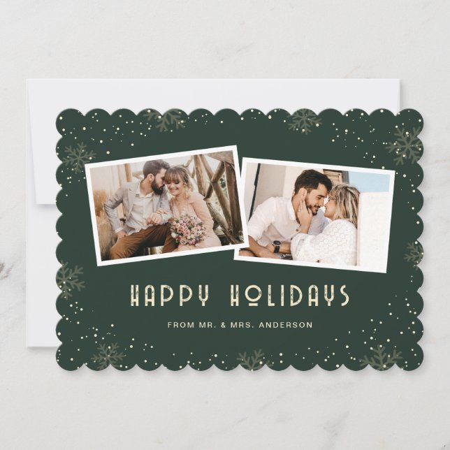 Green 2 Photo Newlywed Happy Holidays Card Julkort (Framsida)