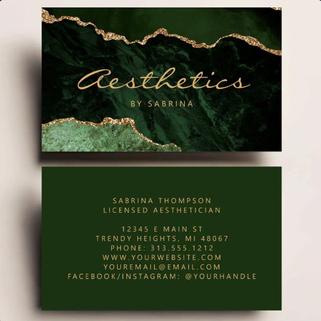 Green Agate Gold Glitter Luxury Aesthetician Visitkort (Skapare uppladdad)