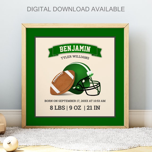 Green American Football Helmet Baby Birth Stats Poster (Skapare uppladdad)