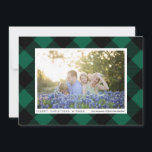 Green and Black Buffalo Check Plaid Photo Julkort<br><div class="desc">Black buffalo check plaid is a classic winter holiday motif and it gets a modern update with a pine green background color. Swap the horizontal photo to your own, and personalize the text on both sides of this flat Christmas card. Edit the colors and fonts to make this card completely...</div>