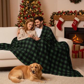 Green and Black Buffalo Plaid Christmas Check Fleecefilt