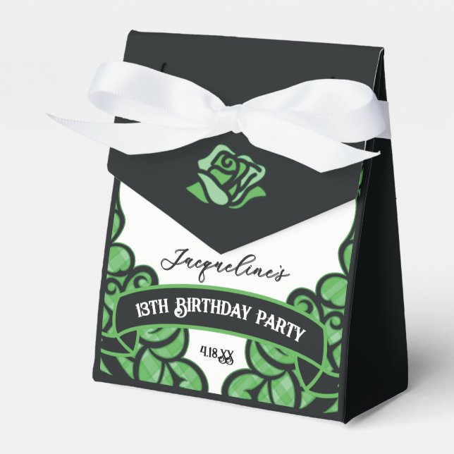 Green and Black Gated Rose Princess Birthday Favor Presentaskar (Framsidan Sidan)