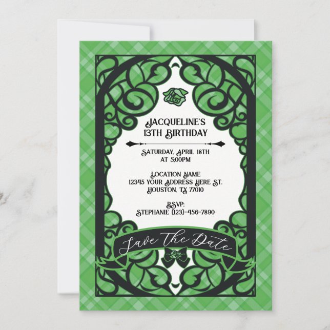 Green and Black Gated Rose Princess Birthday Inbjudningar (Framsida)