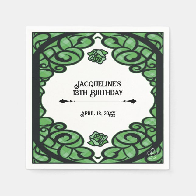 Green and Black Gated Rose Princess Birthday  Pappersservett (Framsidan)
