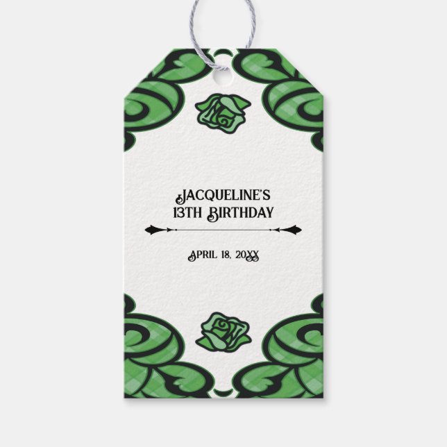 Green and Black Gated Rose Princess Birthday  Presentetikett (Framsidan)