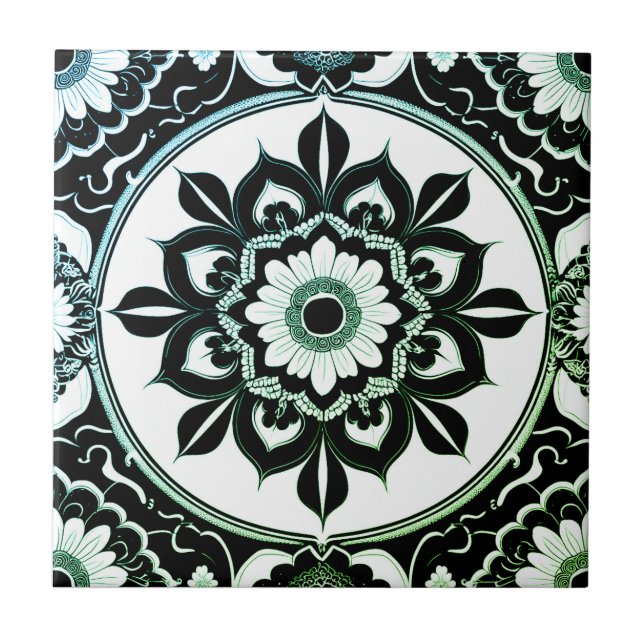 Green and Black Mandala Tile Kakelplatta (Framsidan)
