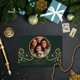 Green and Faux Gold Snowflake Holiday Photo Card Kort
