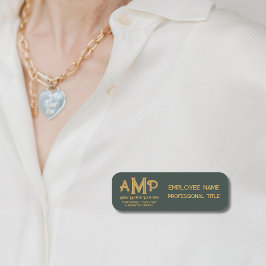 Green and Gold 3 Letter Monogram Business Employee Namnbricka