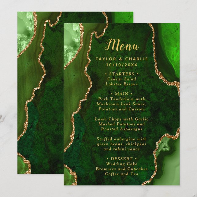Green and Gold Agate Wedding Menu Meny (Fram/baksida)