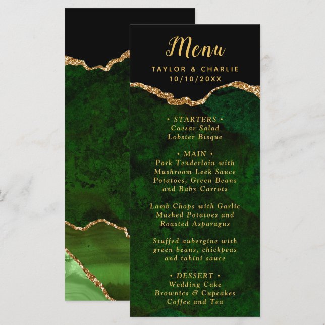 Green and Gold Agate Wedding Menu Meny (Fram/baksida)