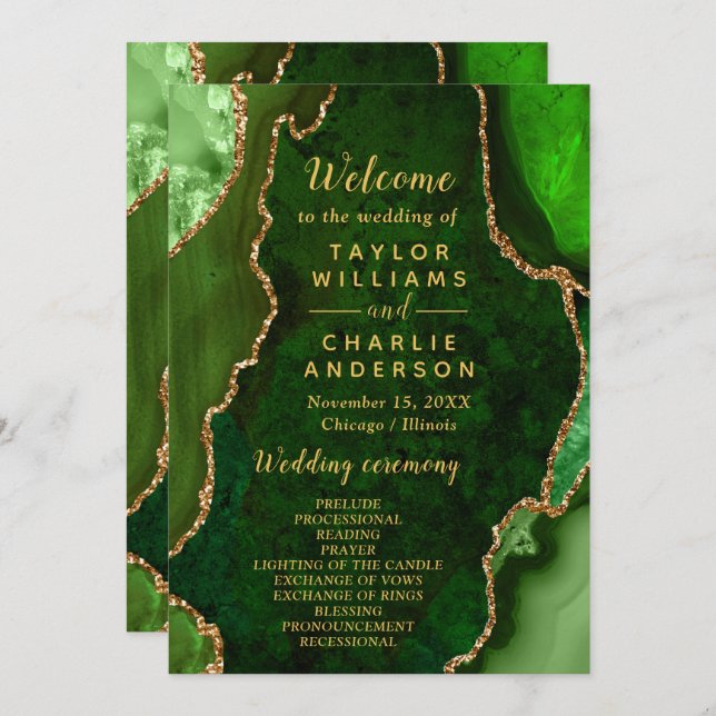 Green and Gold Agate Wedding Program (Fram/baksida)