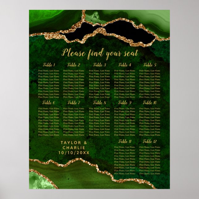 Green and Gold Agate Wedding Seating Chart Poster (Framsidan)