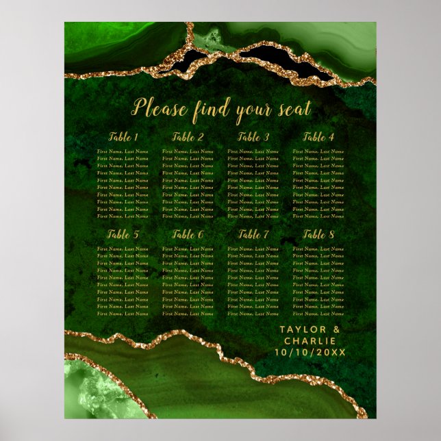 Green and Gold Agate Wedding Seating Chart Poster (Framsidan)