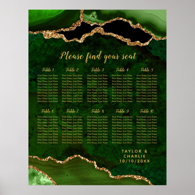Green and Gold Agate Wedding Seating Chart Poster (Framsidan)