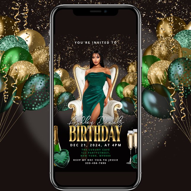 Green and Gold Balloons Royal Birthday Invitation Inbjudningar (Skapare uppladdad)