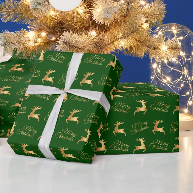 Green and Gold Christmas Reindeers Presentpapper (Helgdagar)