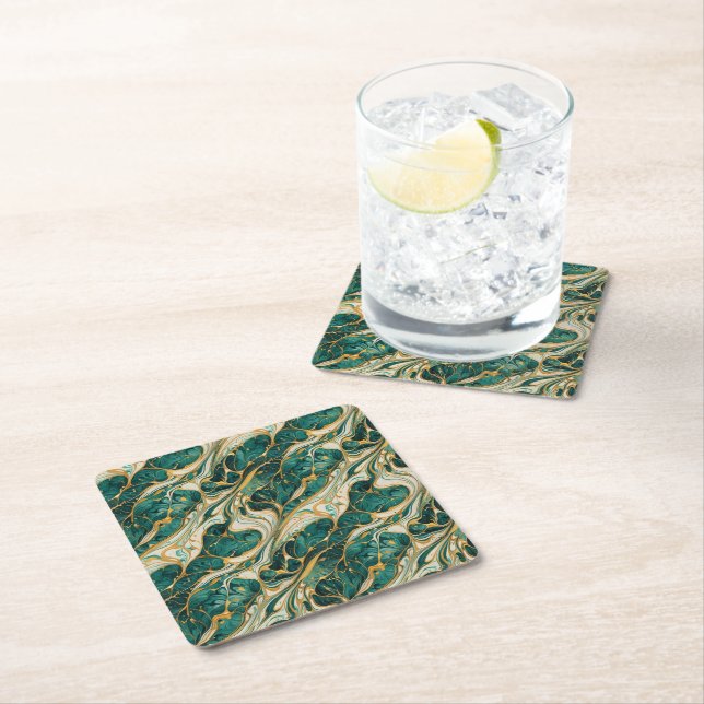 Green and gold marble design coasters underlägg papper kvadrat (Insitu)