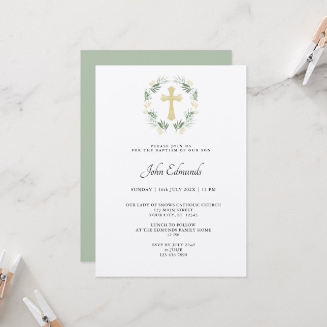 Green and Gold Minimalist Baptism Invitation Inbjudningar (Fram/Back In Situ)