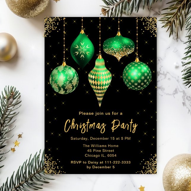 Green and Gold Ornaments Christmas Party Inbjudningar (Skapare uppladdad)