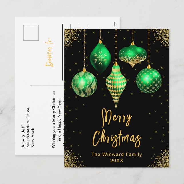 Green and Gold Ornaments Merry Christmas Helg Vykort (Fram/baksida)