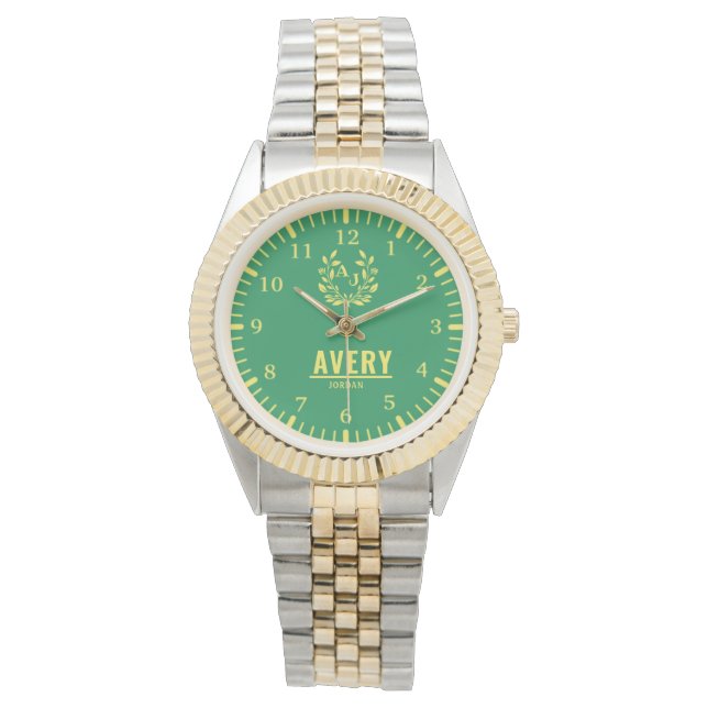 Green and Gold Personalized Custom Monogram Luxury Armbandsur (Framsida)