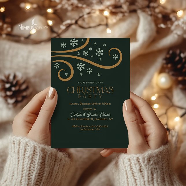 Green and Gold Snowflake Christmas Invitation Inbjudningar (Skapare uppladdad)