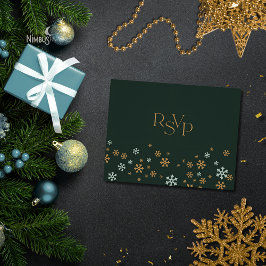 Green and Gold Snowflake Holiday RSVP Card OSA Kort