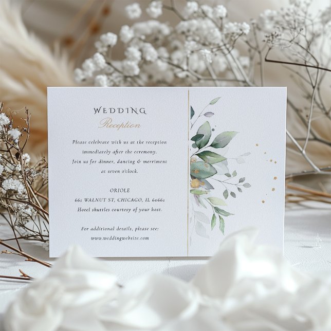 Green and Gold Watercolor Wedding Reception Card Tilläggskort (Skapare uppladdad)