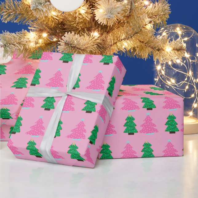 Green and Pink Christmas Trees  Presentpapper (Helgdagar)